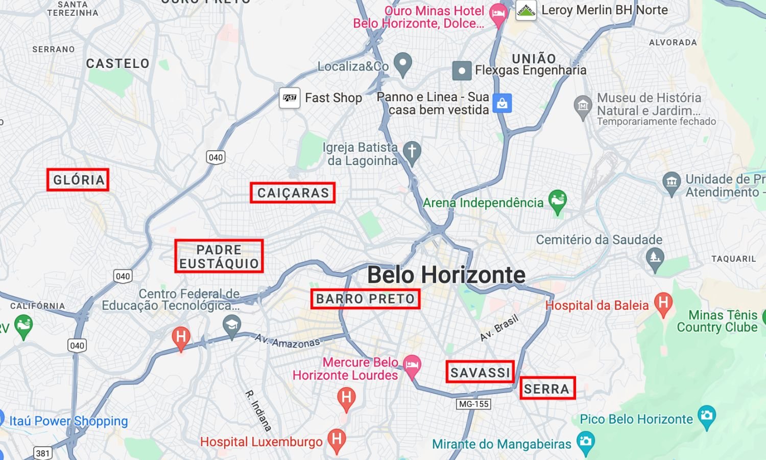 Mapa com a localização aproximada das clínicas de depilação a laser em BH