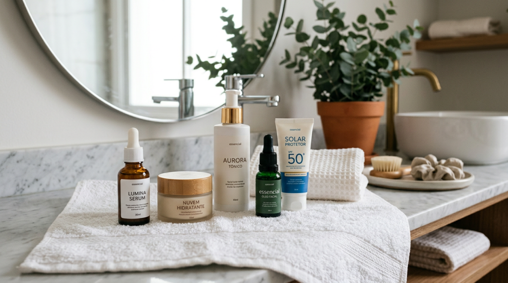 Skincare bottles and tubes including serum, moisturizer, toner, facial oil, and sunscreen on a white towel