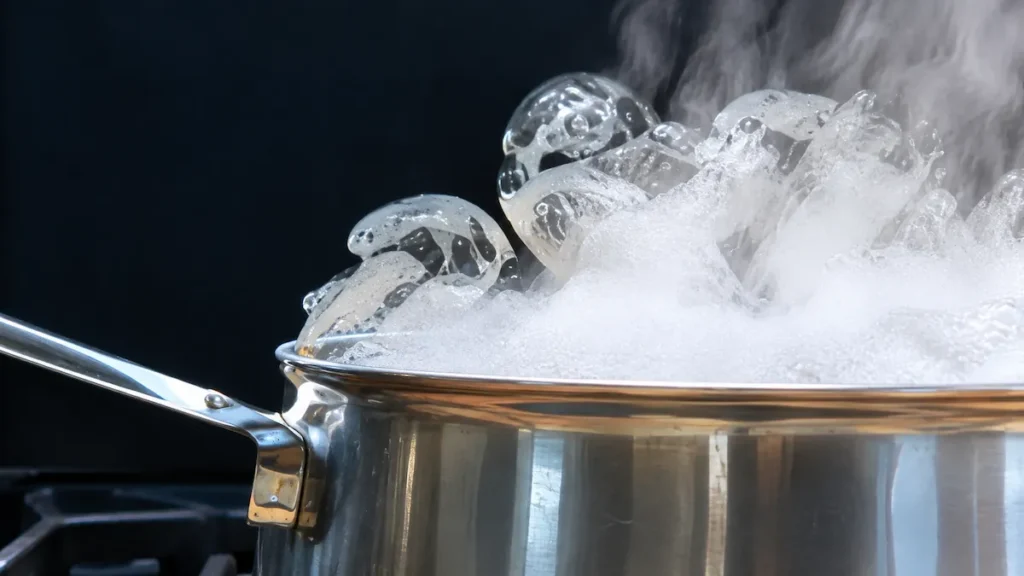 Panela de água fervendo no fogão para preparar a solução quente que remove resíduo de cera de depilação do piso